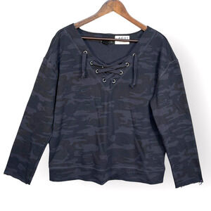 Sanctuary Sweatshirt Women Size XL Blue Camo Lace‎ Up Pullover Raw Edges